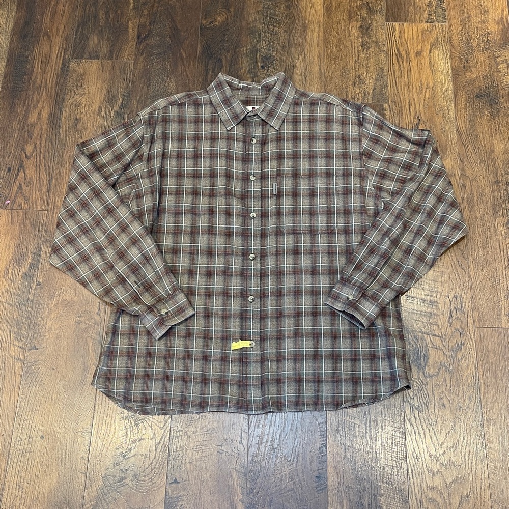 Woolrich Mens XL Button Up Plaid Shirt Flannel Orange  Brown Cotton Long Sleeve